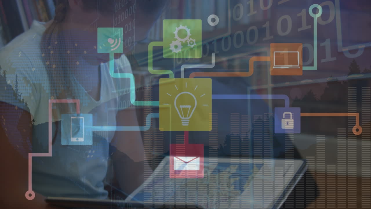 학교에서 책을 읽는 백인 소녀에 대한 디지털 아이콘 네트워크의 애니메이션