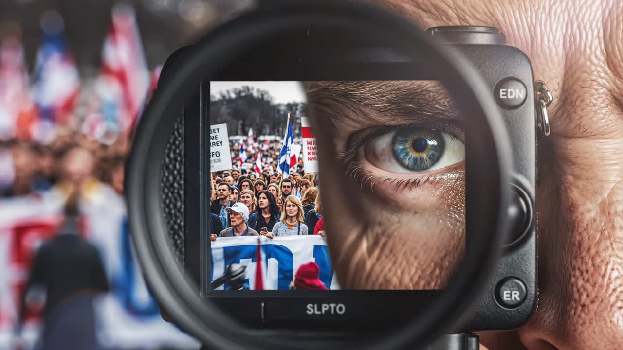 Demonstration seen through a camera lens