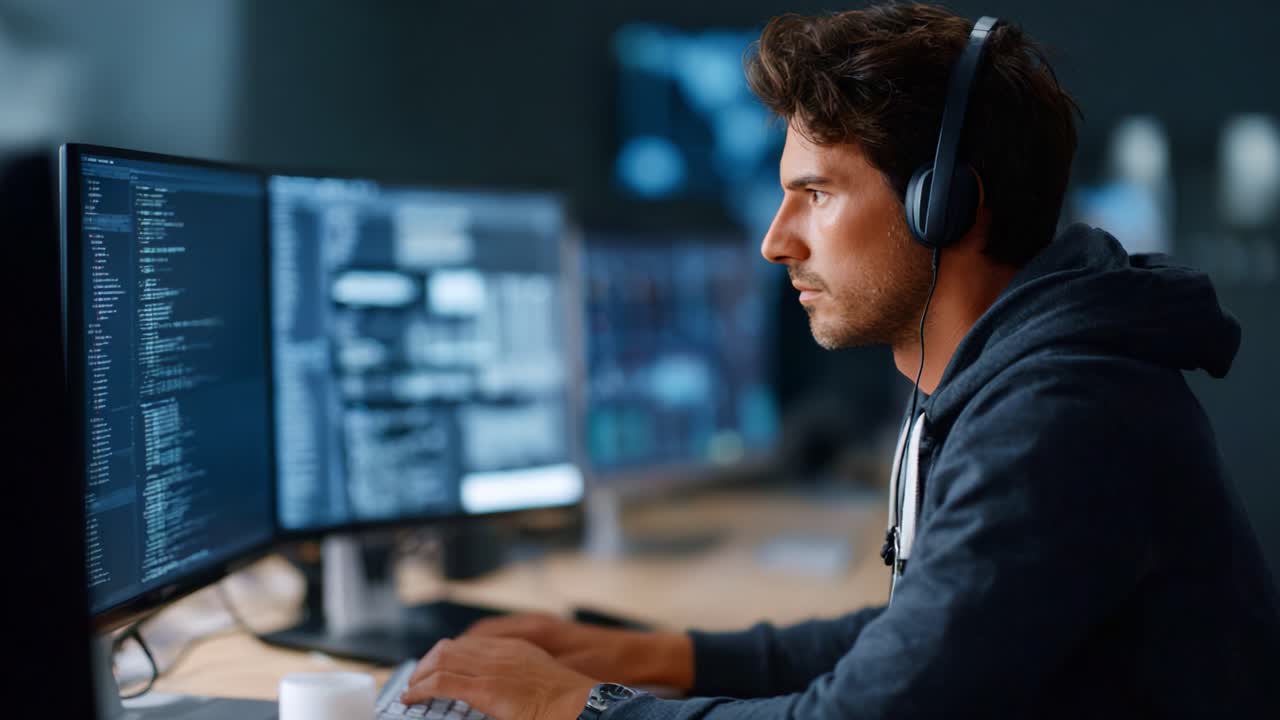 Focused Programmer Analyzing Data on Multiple Monitors While Wearing Headphones in a Modern Tech Environment