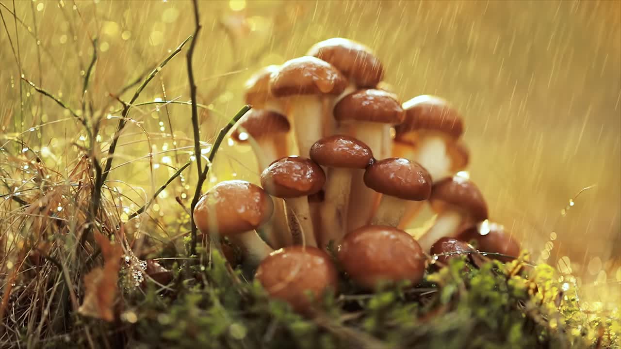 hongos armillaria de agarico de miel en un bosque soleado bajo la lluvia.