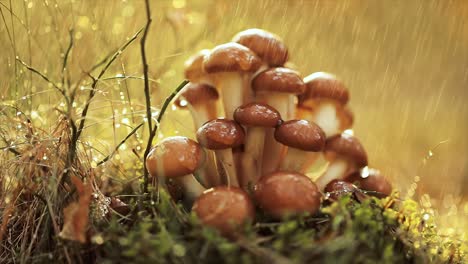 armillaria mushrooms of honey agaric in a sunny forest in the rain.