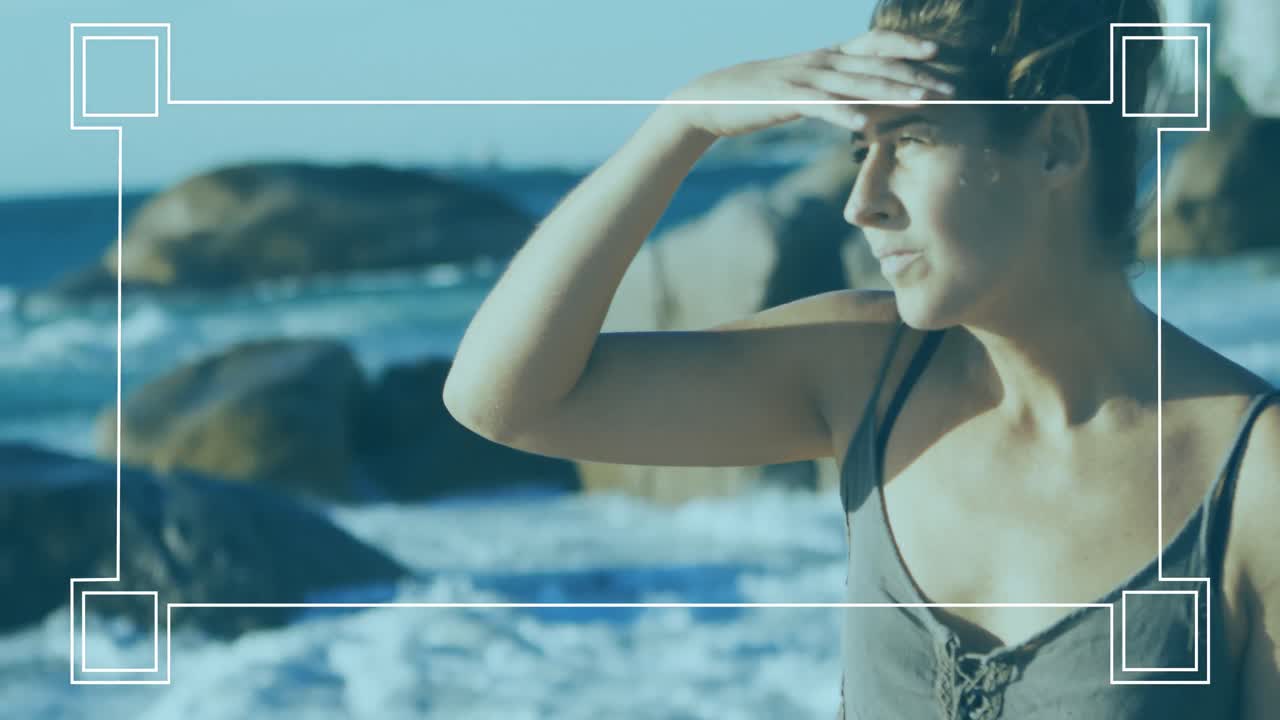 해변에서 백인 여성에 대한 프레임의 애니메이션