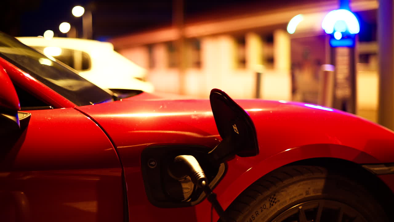 Red, electric car charging on the street at night