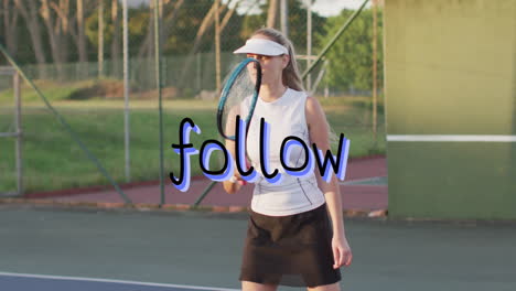 holding racket, tennis player with animation text overlay on court