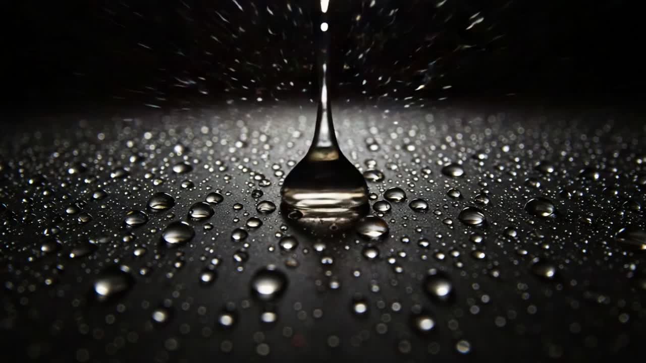 Close-Up of Water Droplets on a Surface Featuring Varied Sizes and Shapes, Capturing the Beauty of Reflection and Light Play in a Dark Background