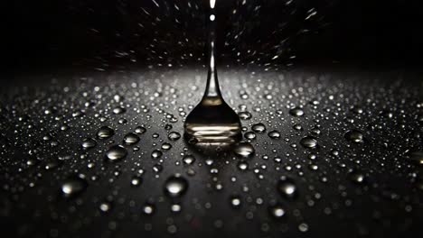 close-up of water droplets on a surface featuring varied sizes and shapes, capturing the beauty of reflection and light play in a dark background