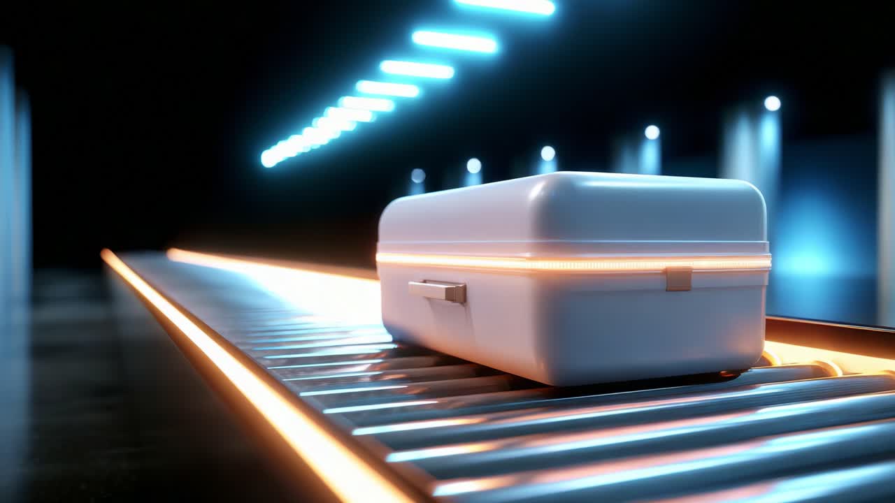 An In-Depth Exploration of an Unattended White Case on a Conveyor Belt in a Futuristic Setting, Evoking Mystery and Anticipation About Its Content and the Context of Its Presence