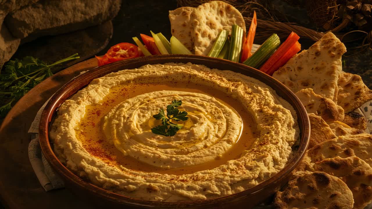 La camera si avvicina a una ciotola di hummus su un tavolo di legno, la luce calda esalta l'olio d'oliva, pane azzimo