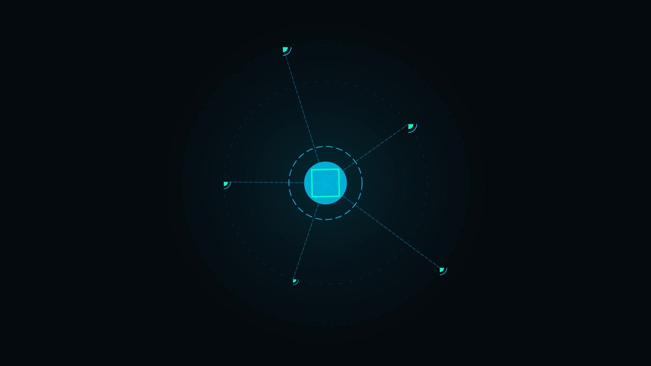 Abstract Digital Interface with Rotating Cube and Data Nodes