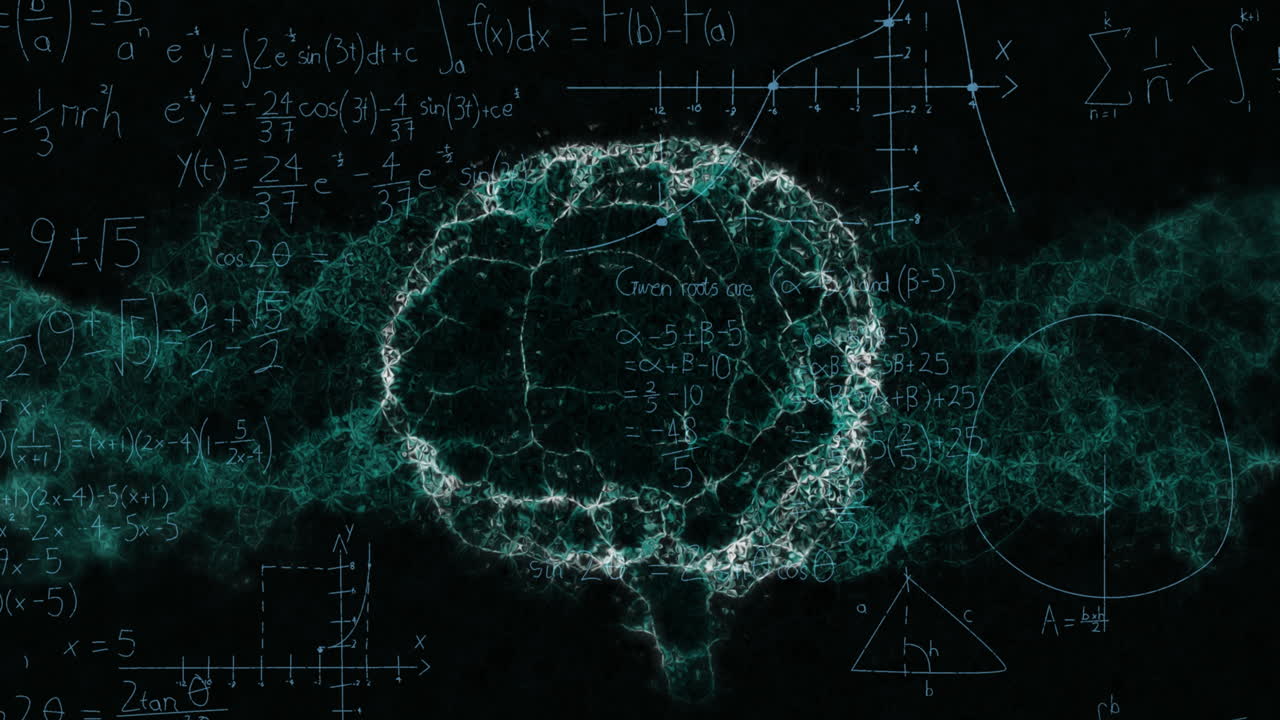 Animation of mathematical equations over digital model of human brain on black background