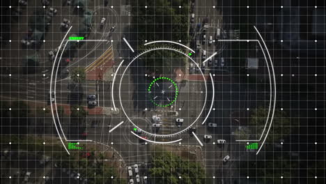 Animation of circles over grid pattern against aerial view of moving vehicles on street