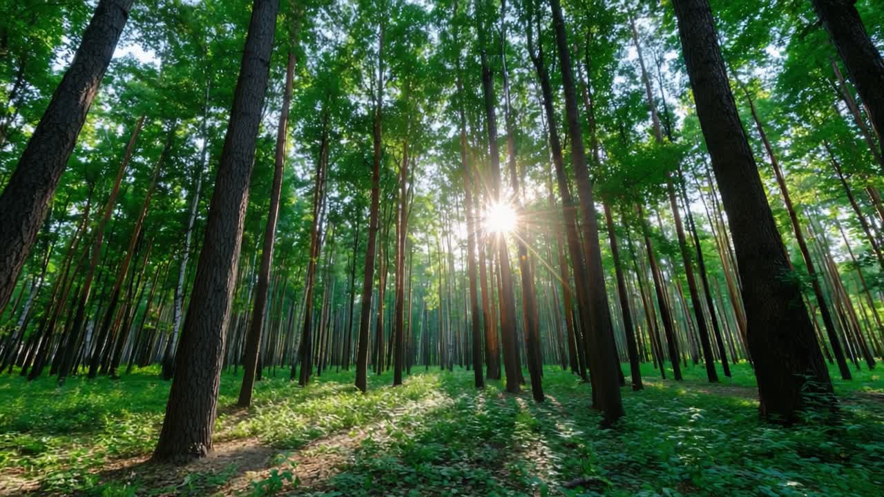 Captivating Sunlight Filtering Through a Lush Forest Canopy, Highlighting Towering Trees and Vibrant Green Foliage in a Serene Natural Landscape