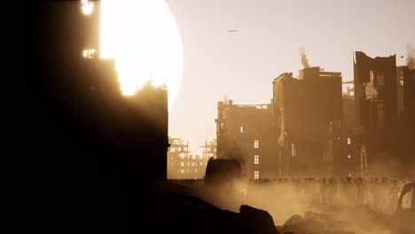 refugees-walking-out-from-a-destroyed-ruined-city-with-debris-and-smoke-all-around-and-a-huge-sunset-and-the-background,-3D-animation,-animated-scene,-camera-dolly-right