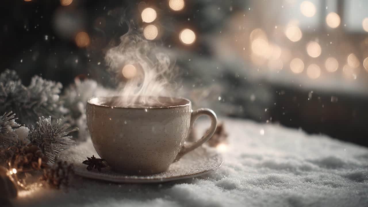A Cozy Cup of Hot Beverage on a Snowy Surface Surrounded by Twinkling Lights and Evergreen Accents, Invoking Warmth and Comfort in a Winter Setting