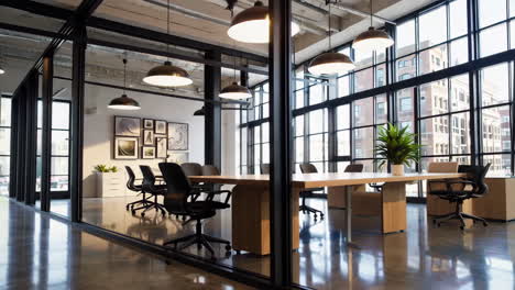 modern empty conference room with glass walls and city view