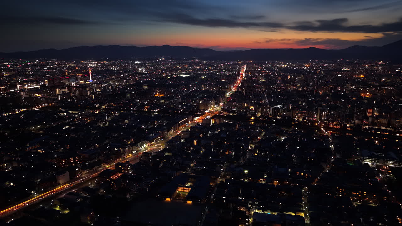 Aerial drone view of Kyoto, Japan at sunset