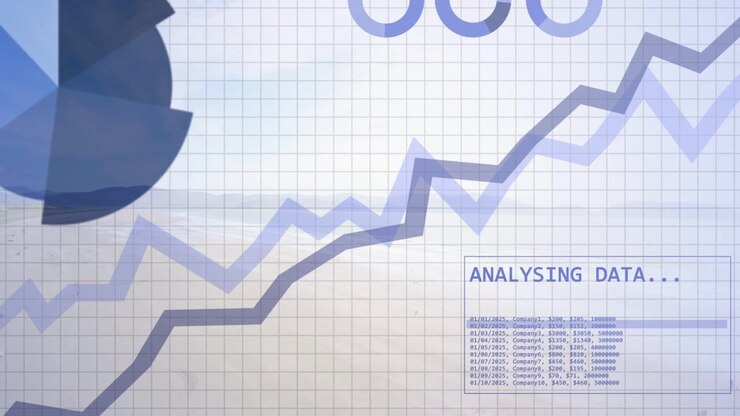 Binary stream starting dashboard charts growing, pie rotating, labels switching to analysing data
