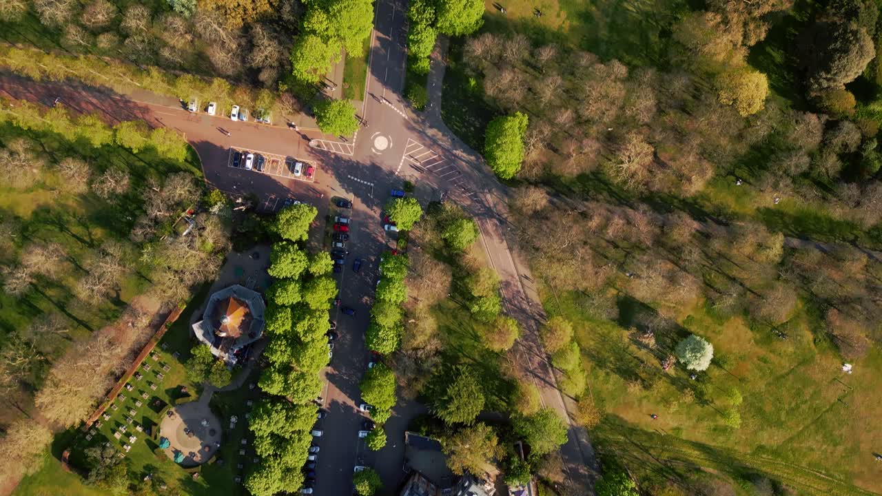London, Greenwich Park - top down drone shot - flying forward along the crossing