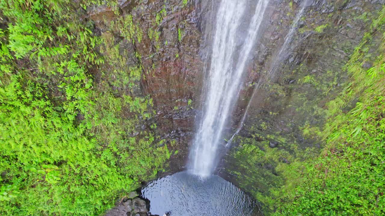 imágenes aéreas de las cataratas de mao-a en la isla de oahu, hawai. las imágenes descienden en las catarates hacia la piscina de inmersión con la selva tropical que rodea las cataradas de la isla.
