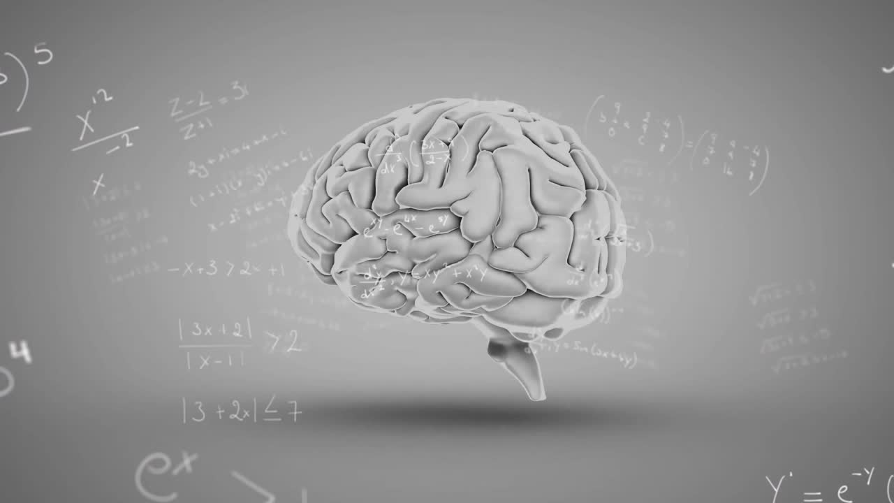 Modelo de cerebro 3D flotante renderizado visualizado en un estudio gris, mostrando giros y fórmulas matemáticas.