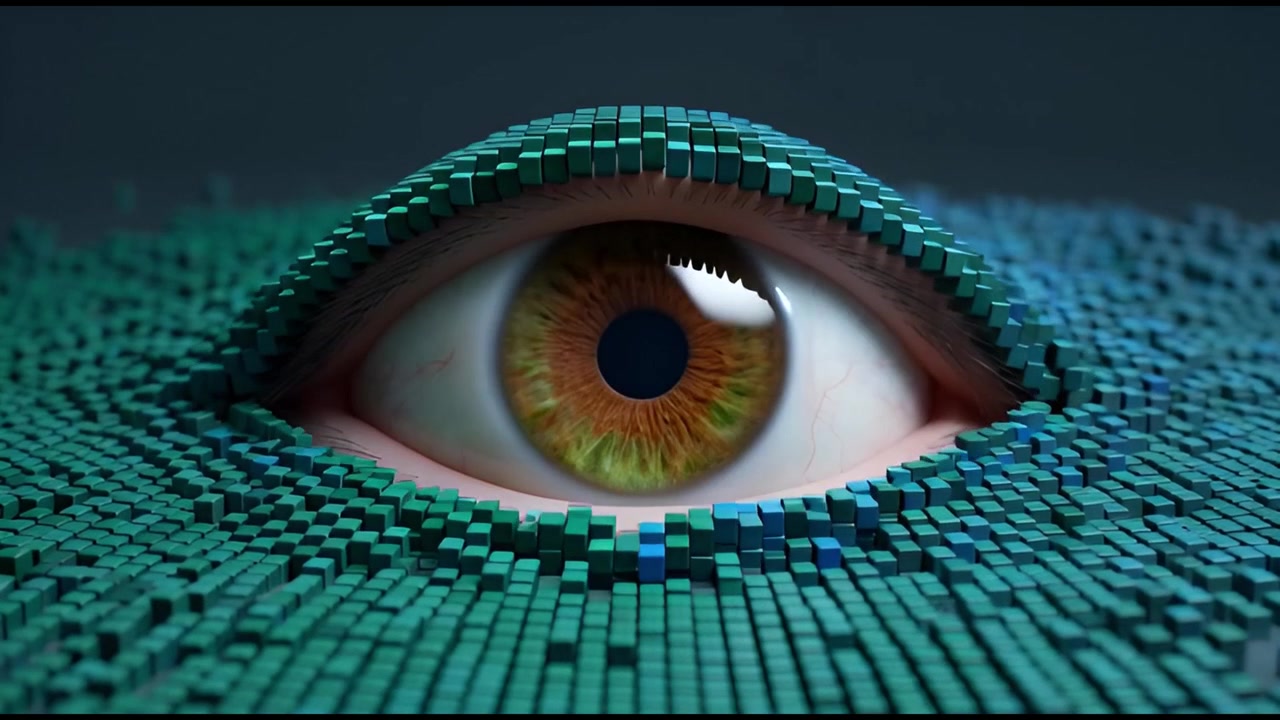 Digitales Auge, das aus einem Feld sich bewegender Würfel entsteht.
