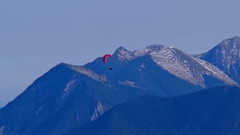 vista aérea de parapente con círculos voladores de paracaídas rojos en un día soleado azul brillante frente a picos montañosos cubiertos de nieve en los alpes