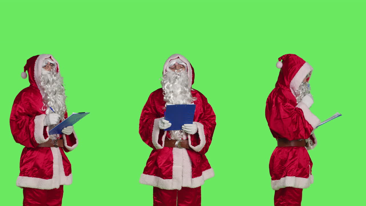 Santa Claus Writing on Clipboard on Green Screen