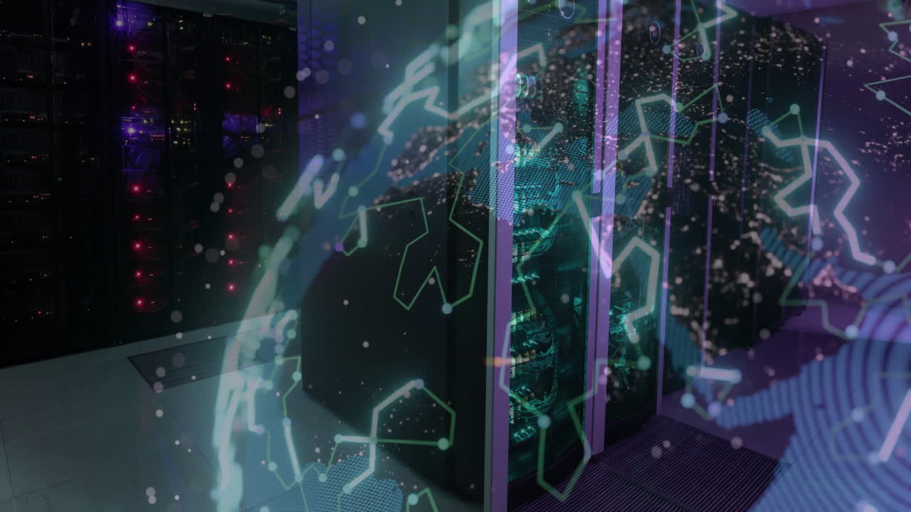 Animation of globe with connections over computer server