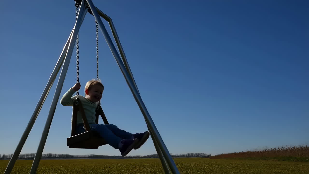A child joyfully swinging high on a swing set outdoors