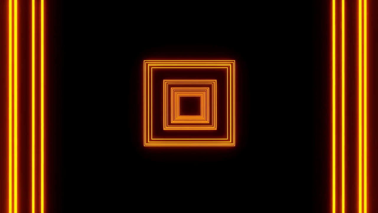 Glowing Neon Square Tunnel Animation Pulses With Retro Orange Rings Rotating Inward And Outward Against Deep