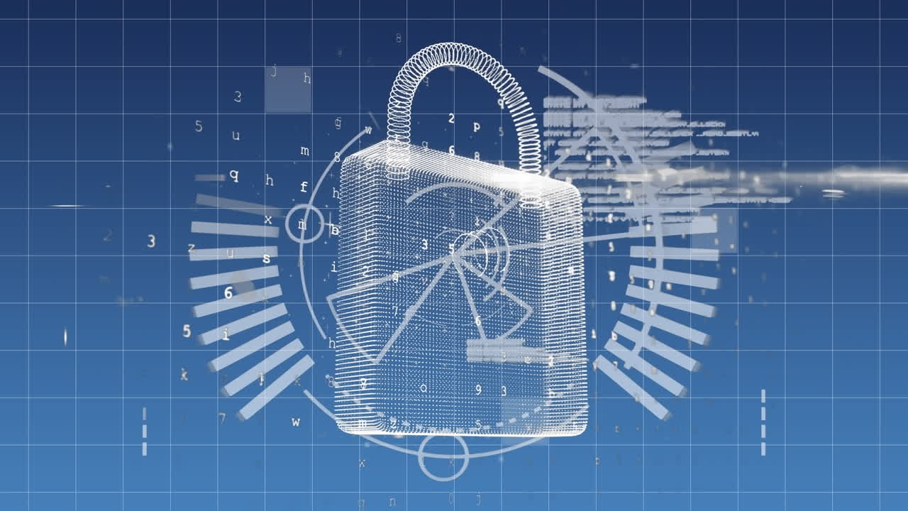 파란색 배경에 숫자와 디지털  ⁇ 락을 통해 데이터 처리의 애니메이션