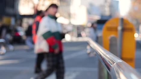 pedestrians crossing street near tram stop