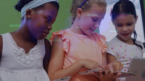 animation of data processing over diverse schoolchildren using tablets in classroom