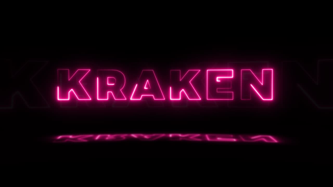 la palabra "kraken" brilla en neón sobre un fondo negro con reflejos en el suelo. letreros de neón brillantes en gráfico de movimiento de bucle sin costuras