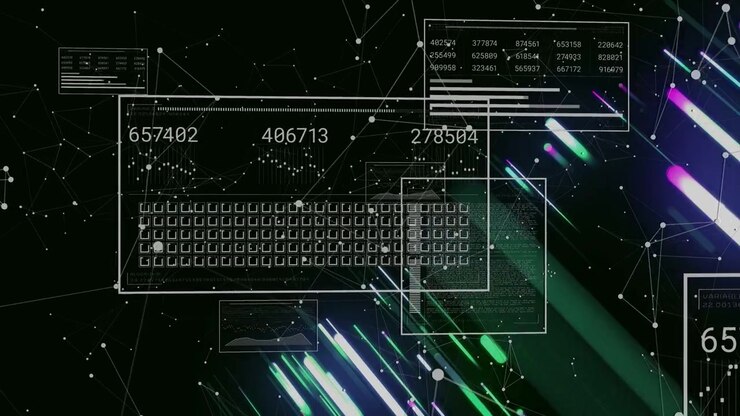 Wireframe keyboard receiving data stream, updating counters, sliding panels, showing tech insights