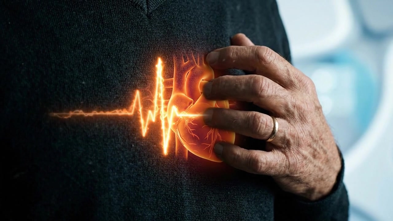 Persona anziana che si stringe il petto con una grafica di cuore arancione luminoso in una scena medica scura