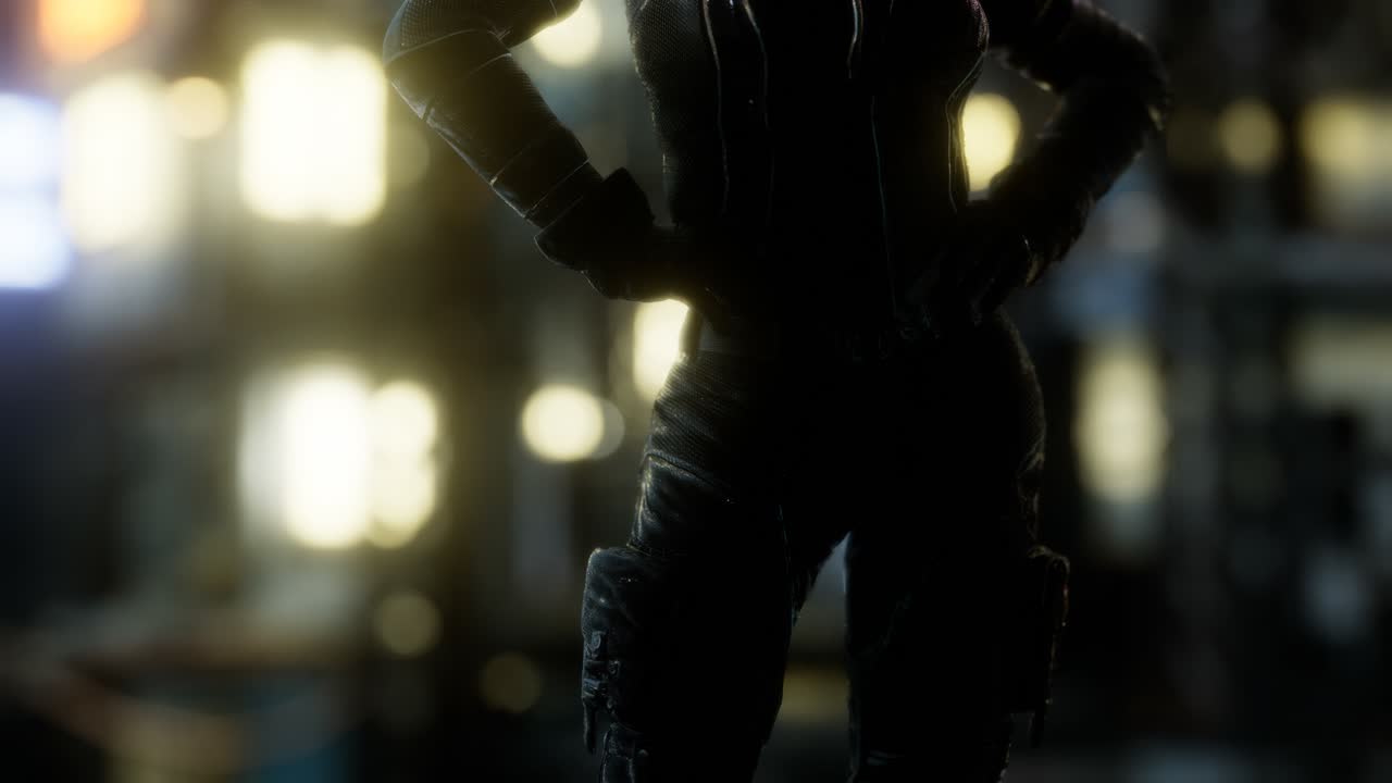 Giovane donna futuristica in stile cyberpunk con luci bokeh al neon