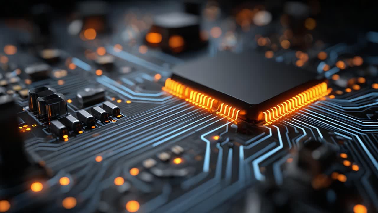 Close-Up Views of a Circuit Board with Glowing Components Showcase the Intricate Design and Advanced Technologies of Modern Electronics