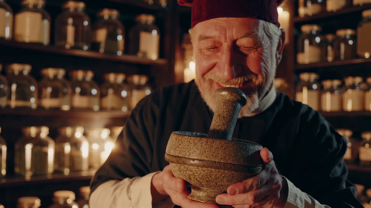 Smiling Old Herbalist in Apothecary