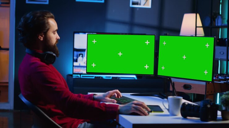 Editore di foto che utilizza il monitor a schermo verde per correggere le fotografie a colori in studio creativo