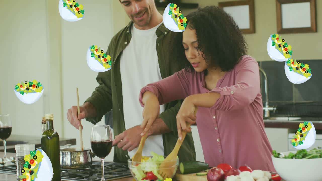 animación de iconos de ensalada sobre la cocina de una pareja feliz y diversa