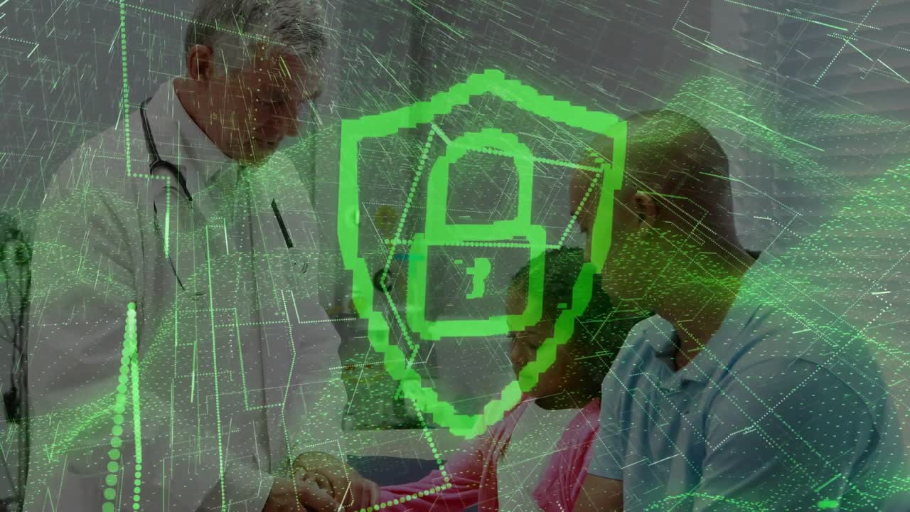 Senior doctor holding child's hand in clinic sparking green shield overlay over group guarding data