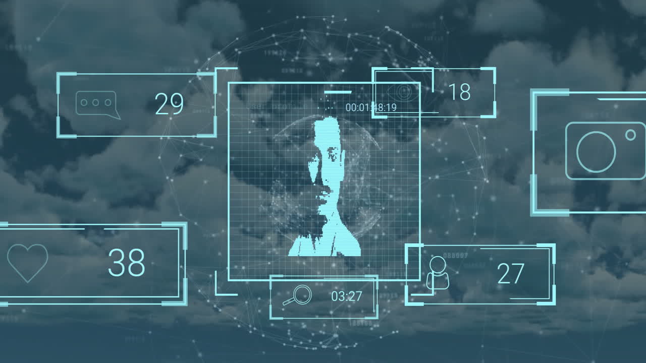 초상화와 구름과 하늘 위의 연결의 지구로 데이터 처리의 애니메이션