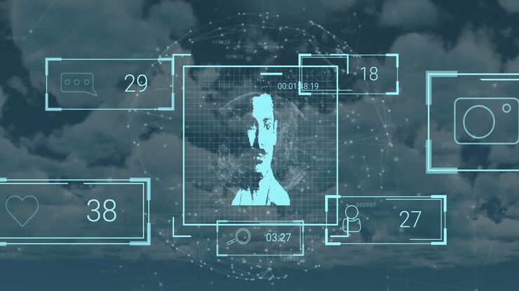 Animation of data processing with portraits and globe of connections over sky with clouds