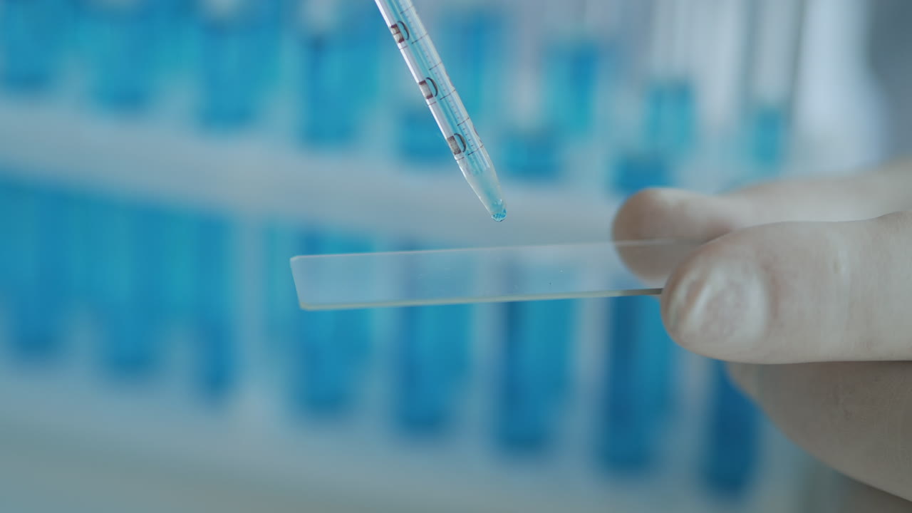 Woman laboratory technician applying drops of blood on glass slide from pipette in lab in slow motion hands in latex. High quality 4k footage
