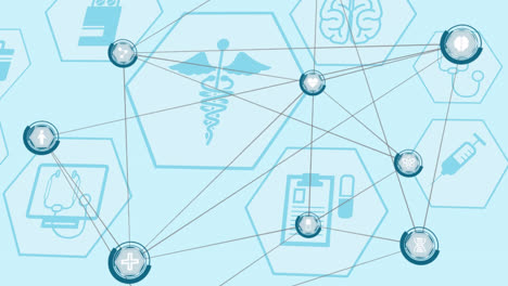 animation of digital interface with network of connections and medical icons on blue background