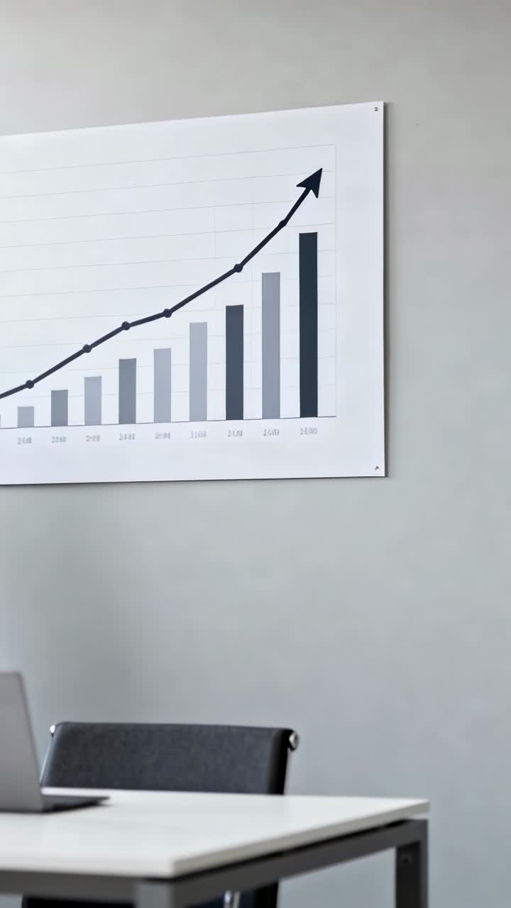 Pointing hand in suit indicating rising bar-line chart at meeting, with table laptop chair pointer