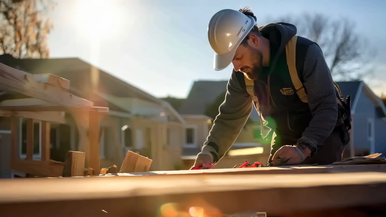 A worker in a hard hat focuses on construction tasks. The low-angle shot captures the morning light