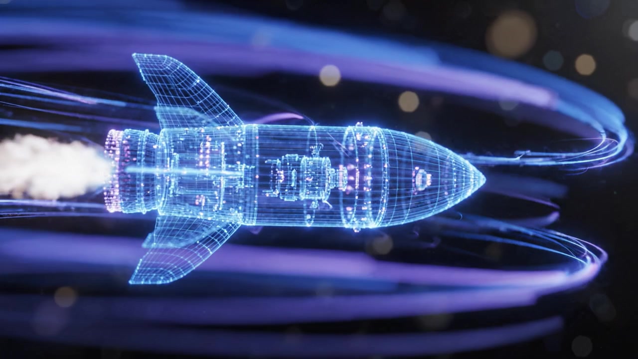 Stunning Digital Visualization of a Rocket Launching into Space, Featuring Detailed Holographic Elements and a Dynamic Motion Effect Capturing Cosmic Energy.