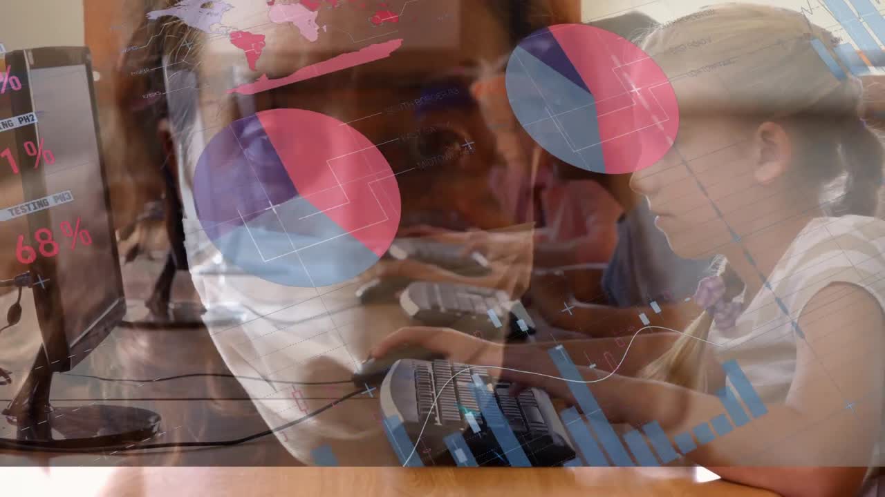 gráficos y gráficos sobre niños en edad escolar y mujer con coronavirus de máscara.